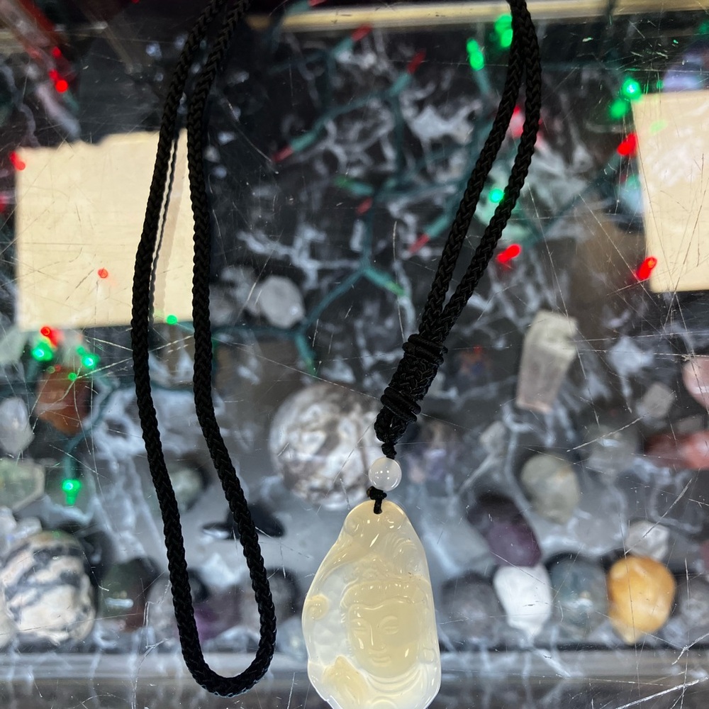 Beautiful Clear Quartz Buddah Pendant On Black Cord